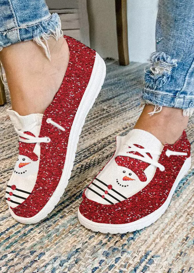 Christmas Snowman Glitter Slip On Flat Canvas Sneakers - Red 4 Christmas Snowman Glitter Slip On Flat Canvas Sneakers - Red - Image 2