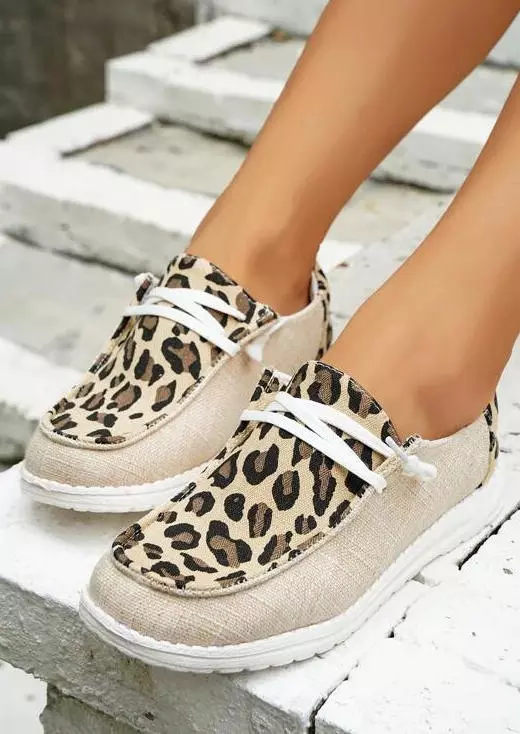 Leopard Lace Up Flat Sneakers - Light Khaki 4 Leopard Lace Up Flat Sneakers - Light Khaki - Image 2