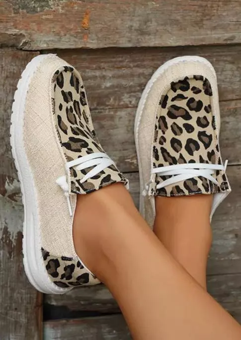 Leopard Lace Up Flat Sneakers - Light Khaki 8 Leopard Lace Up Flat Sneakers - Light Khaki - Image 6