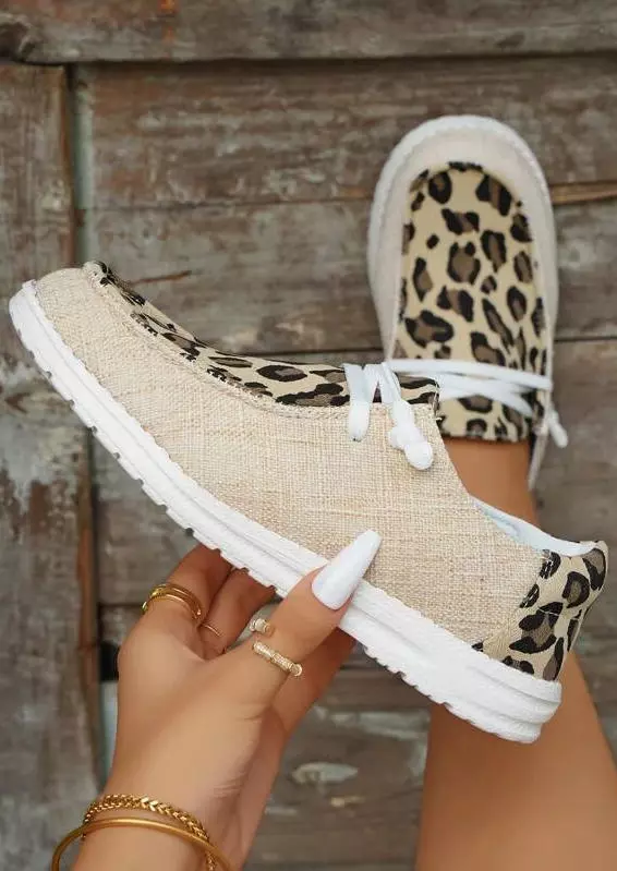 Leopard Lace Up Flat Sneakers - Light Khaki 3 Leopard Lace Up Flat Sneakers - Light Khaki