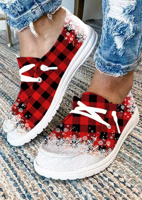 Christmas Plaid Snowflake Lace Up Flat Sneakers 3 Christmas Plaid Snowflake Lace Up Flat Sneakers