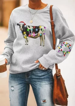 Christmas Hat Lantern Cattle Star Sweatshirt - Light Grey