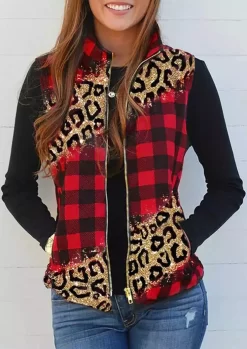 Plaid Leopard Zipper Pocket Warm Vest Coat