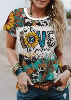 For The Love Of Sunshine Leopard Cow Turquoise Sunflower T-Shirt Tee