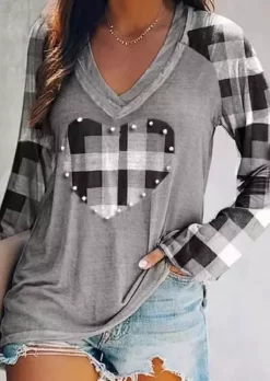 Valentine Plaid Heart Pearl Raglan Sleeve T-Shirt Tee - Gray