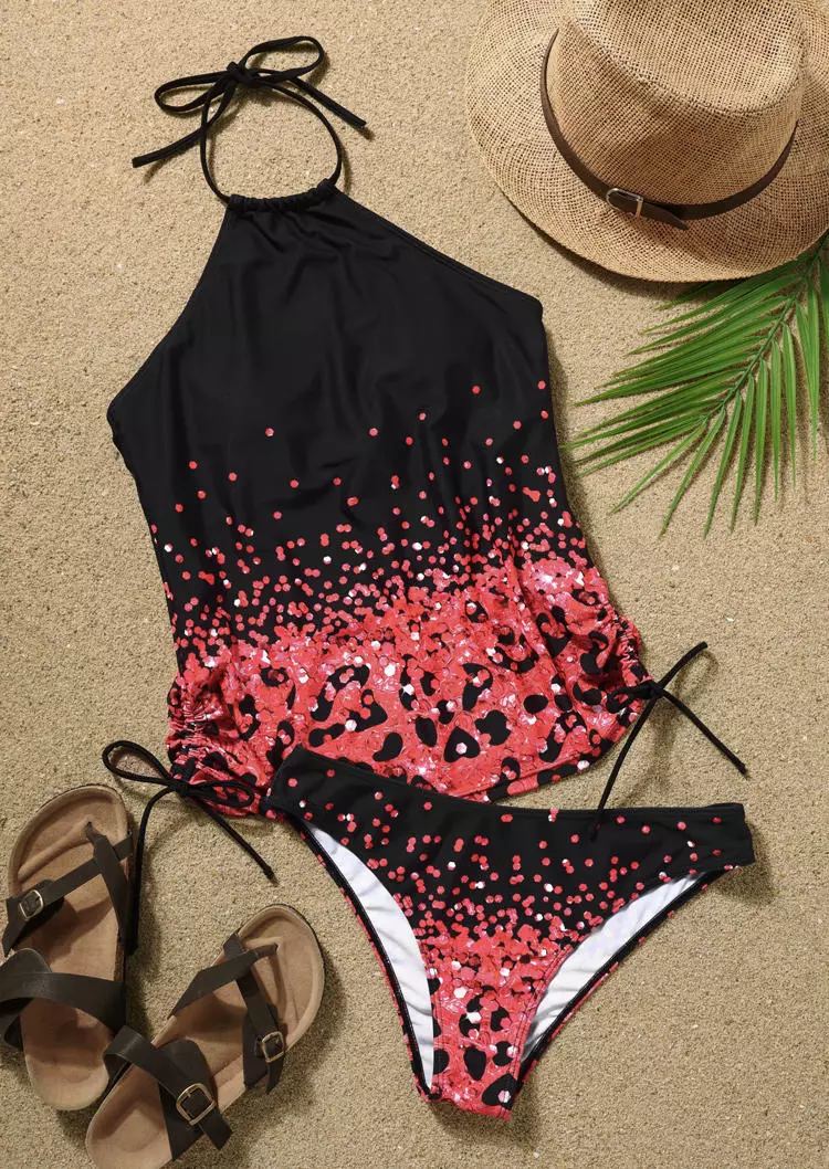 Leopard Glitter Halter Tie Tankini Set - Black 4 Leopard Glitter Halter Tie Tankini Set - Black - Image 2