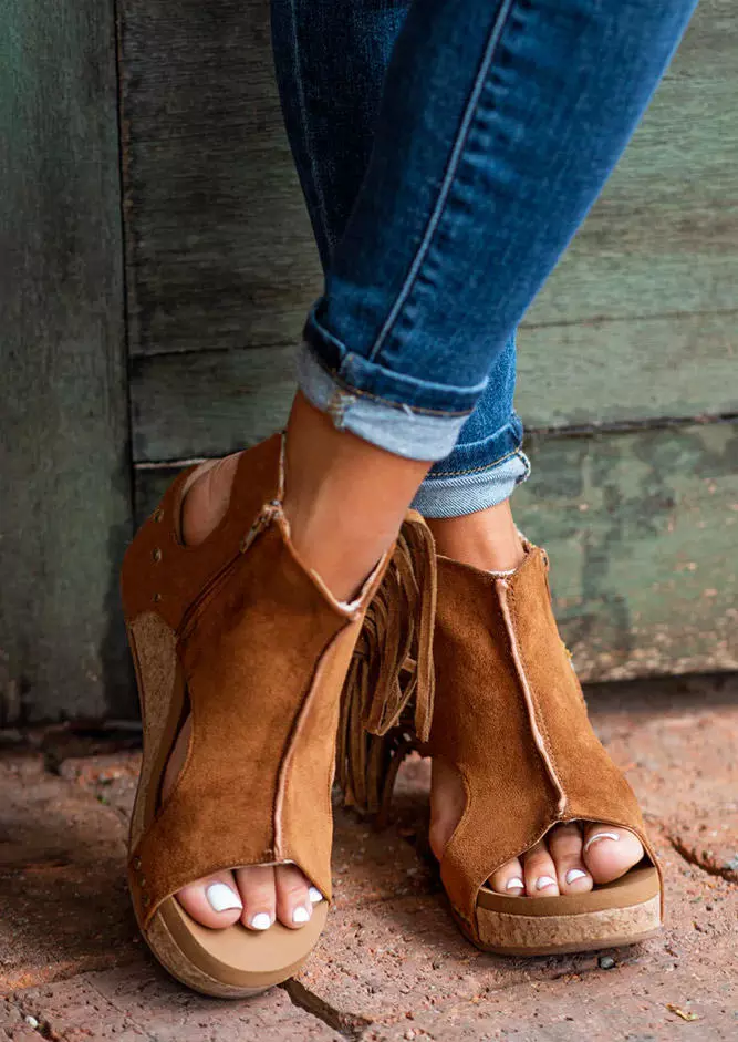 Rivet Tassel Zipper Peep Toe Slippers - Brown 4 Rivet Tassel Zipper Peep Toe Slippers - Brown - Image 2