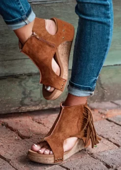 Rivet Tassel Zipper Peep Toe Slippers - Brown 8 Rivet Tassel Zipper Peep Toe Slippers - Brown -Garment Sale Store SCM011092 1 C2322938677020 124