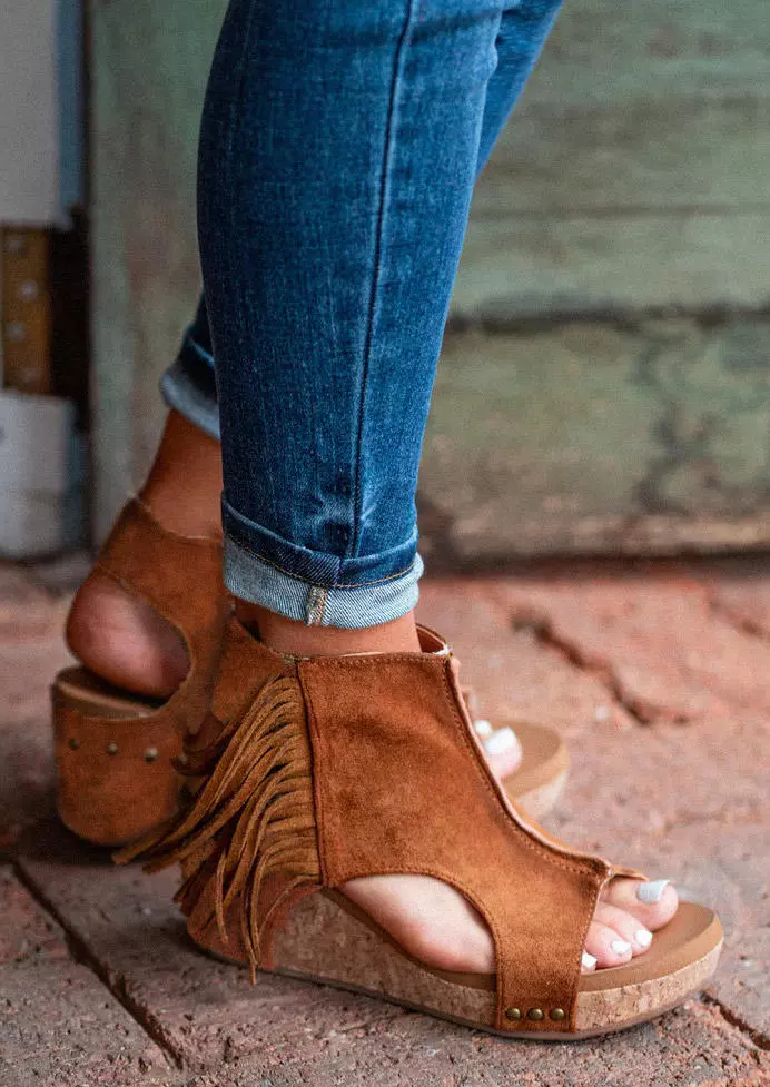 Rivet Tassel Zipper Peep Toe Slippers - Brown 6 Rivet Tassel Zipper Peep Toe Slippers - Brown - Image 4