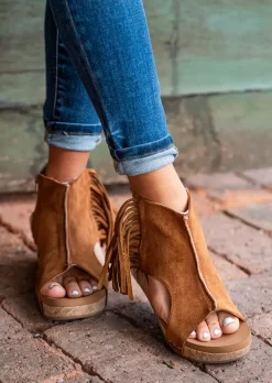 Rivet Tassel Zipper Peep Toe Slippers - Brown