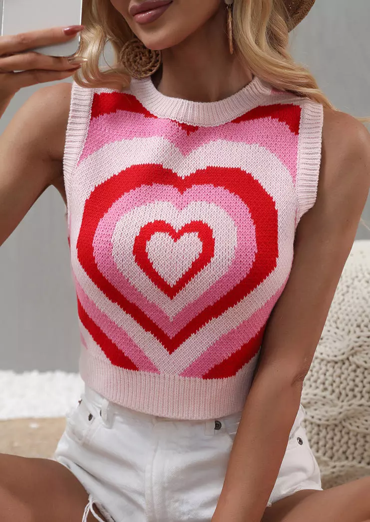 Valentine Love Heart Knitted Crop Tank Top - Pink 4 Valentine Love Heart Knitted Crop Tank Top - Pink - Image 2