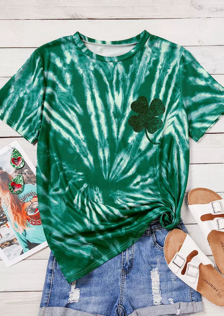 St. Patrick's Day Tie Dye Lucky Shamrock T-Shirt Tee - Green 4 St. Patrick's Day Tie Dye Lucky Shamrock T-Shirt Tee - Green - Image 2