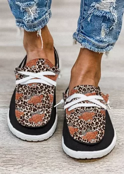 Highland Cattle Leopard Slip On Round Toe Flat Sneakers - Black