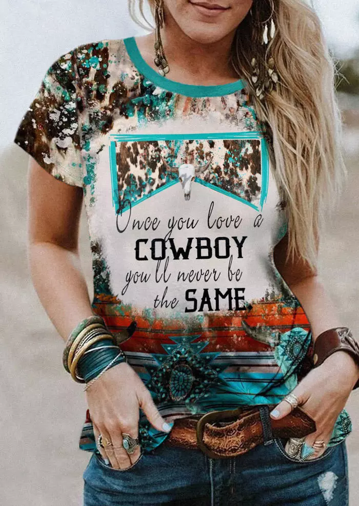 Once You Love A Cowboy You'll Never Be The Same Steer Skull Cow Turquoise T-Shirt Tee 5 Once You Love A Cowboy You'll Never Be The Same Steer Skull Cow Turquoise T-Shirt Tee - Image 3