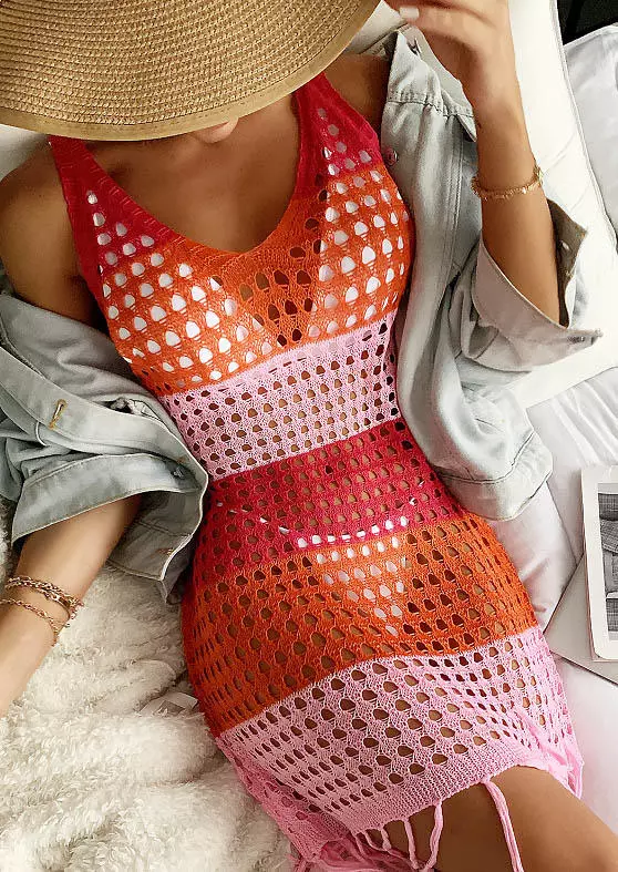 Color Block Hollow Out Tassel Crocheted Cover Up Dress 4 Color Block Hollow Out Tassel Crocheted Cover Up Dress - Image 3