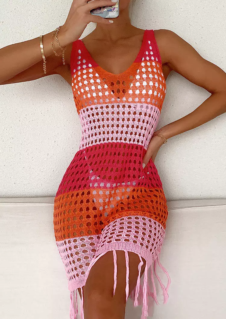 Color Block Hollow Out Tassel Crocheted Cover Up Dress 8 Color Block Hollow Out Tassel Crocheted Cover Up Dress - Image 7