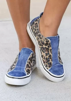 Leopard Splicing Color Block Slip On Flat Sneakers