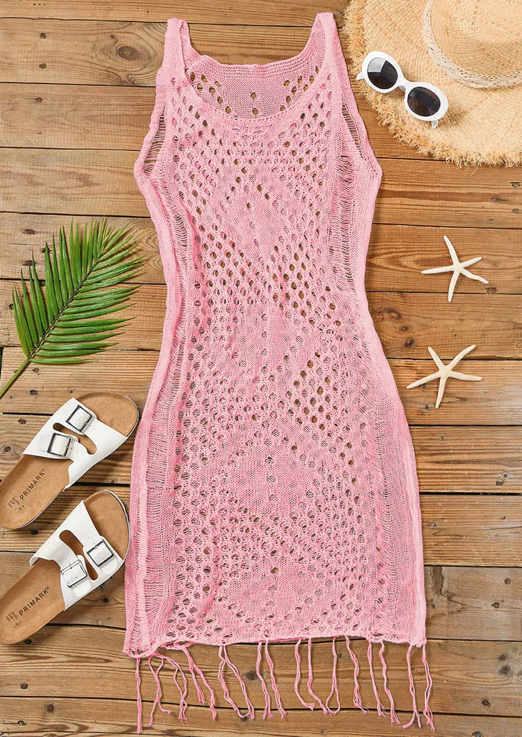 Tassel Hollow Out Crochet Cover Up Dress - Pink 4 Tassel Hollow Out Crochet Cover Up Dress - Pink - Image 2