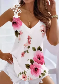 Floral Lace Splicing V-Neck Tank - White