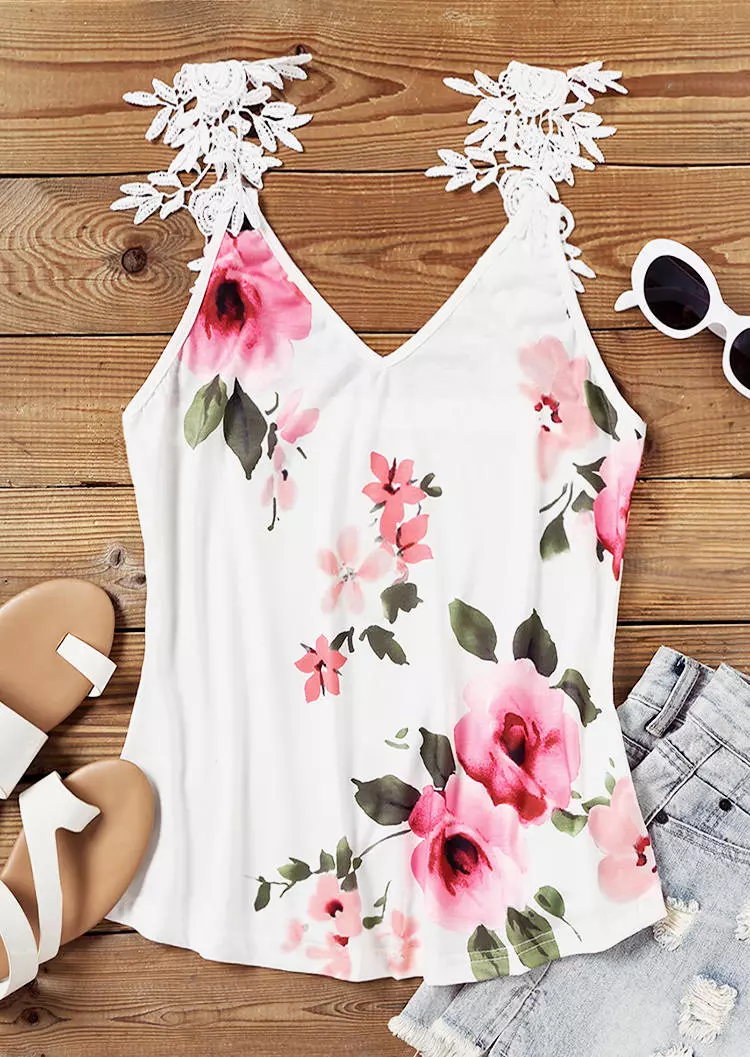 Floral Lace Splicing V-Neck Tank - White 4 Floral Lace Splicing V-Neck Tank - White - Image 2