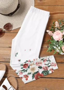 Floral Elastic Waist Casual Pants - White 6 Floral Elastic Waist Casual Pants - White -Garment Sale Store SCM012009 1 11768393244893 124