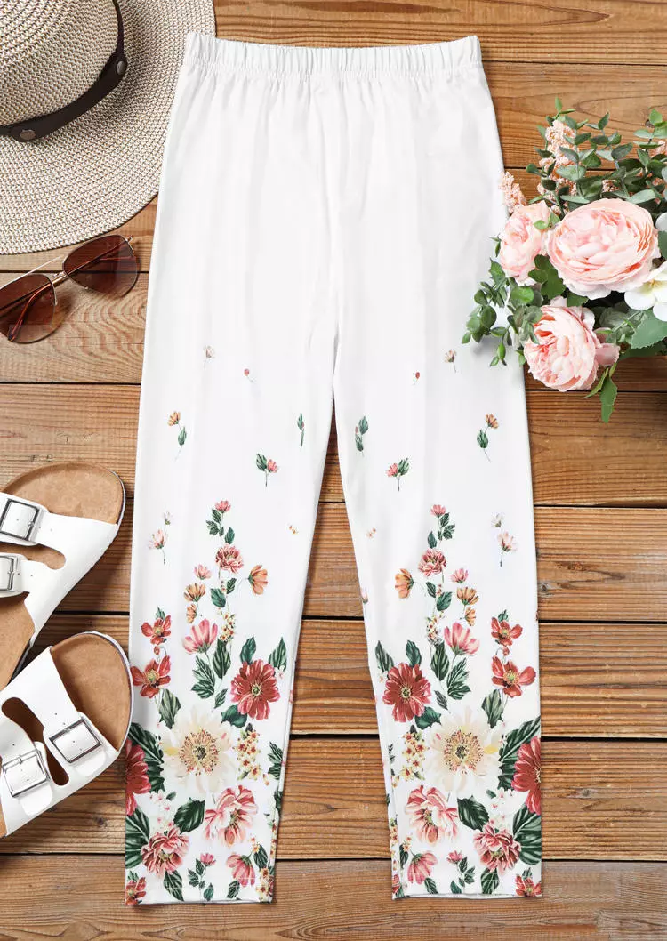 Floral Elastic Waist Casual Pants - White 5 Floral Elastic Waist Casual Pants - White - Image 3
