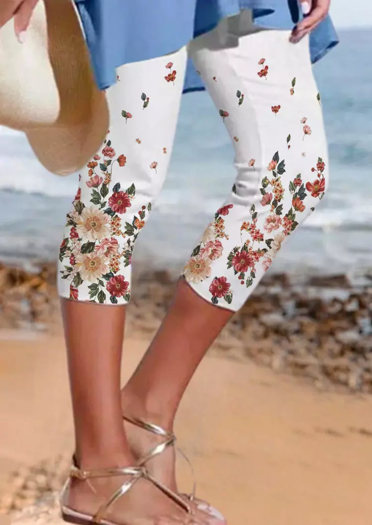 Floral Elastic Waist Casual Pants - White 3 Floral Elastic Waist Casual Pants - White