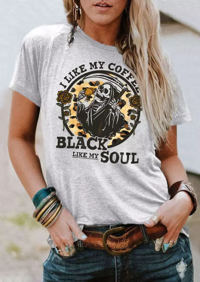 I Like My Coffee Black Like My Soul Skeleton T-Shirt Tee - Light Grey 4 I Like My Coffee Black Like My Soul Skeleton T-Shirt Tee - Light Grey - Image 2