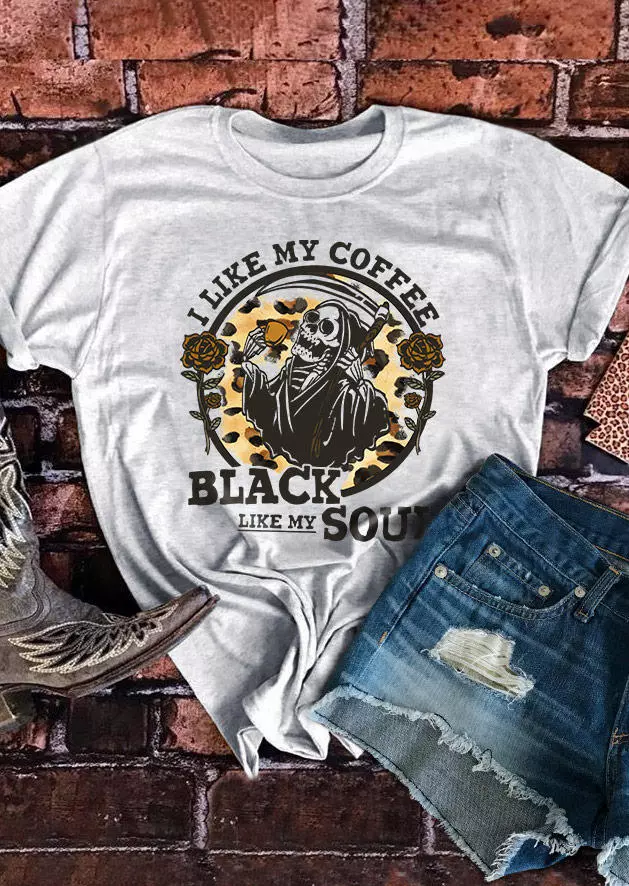 I Like My Coffee Black Like My Soul Skeleton T-Shirt Tee - Light Grey 3 I Like My Coffee Black Like My Soul Skeleton T-Shirt Tee - Light Grey