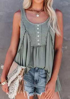 Waffle Button Ruffled Tank - Army Green