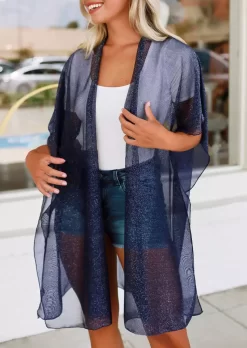 See-Through Short Sleeve Cardigan - Navy Blue