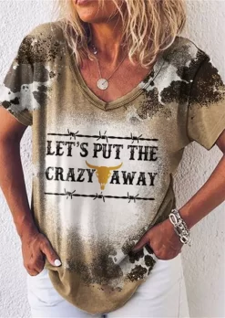 Let's Put The Crazy Away Steer Skull Bleached T-Shirt Tee - Light Brown