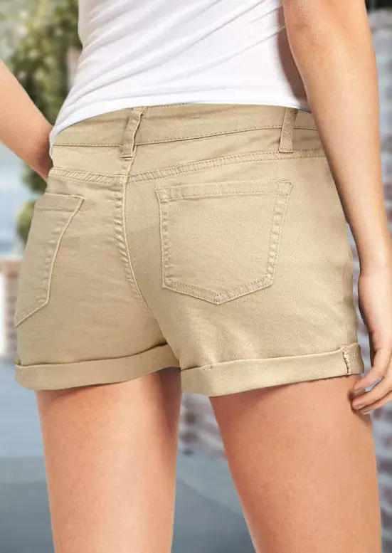Pocket Button Ripped Denim Shorts - Khaki 4 Pocket Button Ripped Denim Shorts - Khaki - Image 2