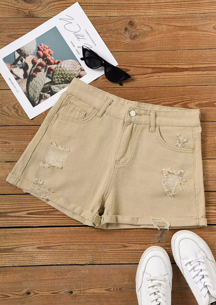 Pocket Button Ripped Denim Shorts - Khaki 5 Pocket Button Ripped Denim Shorts - Khaki - Image 3