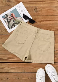 Pocket Button Ripped Denim Shorts - Khaki 9 Pocket Button Ripped Denim Shorts - Khaki -Garment Sale Store SCM012205 3 20665602708124 124