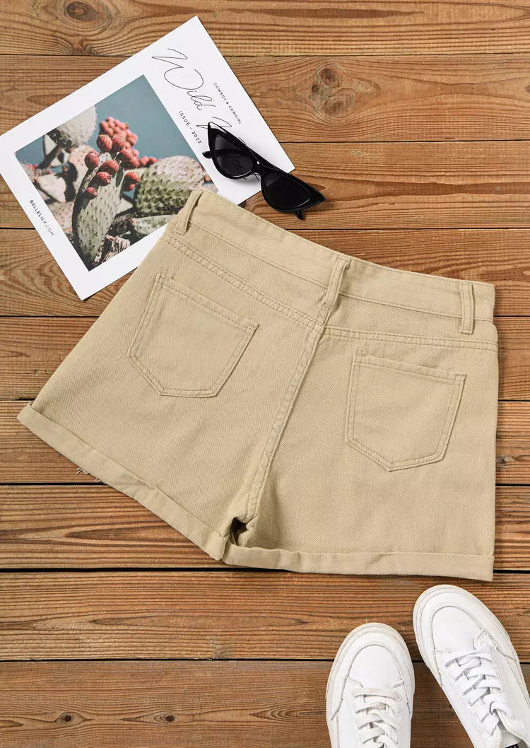 Pocket Button Ripped Denim Shorts - Khaki 6 Pocket Button Ripped Denim Shorts - Khaki - Image 4