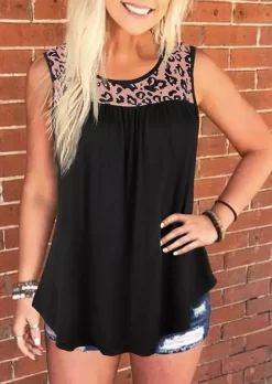 Leopard Ruffled Loose O-Neck Tank - Black