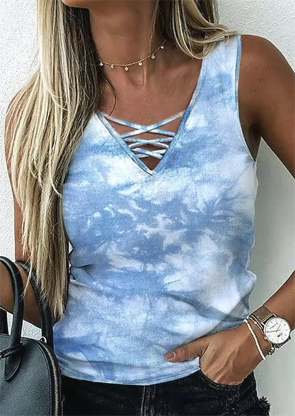 Tie Dye Criss-Cross Casual Tank - Light Blue 4 Tie Dye Criss-Cross Casual Tank - Light Blue - Image 2