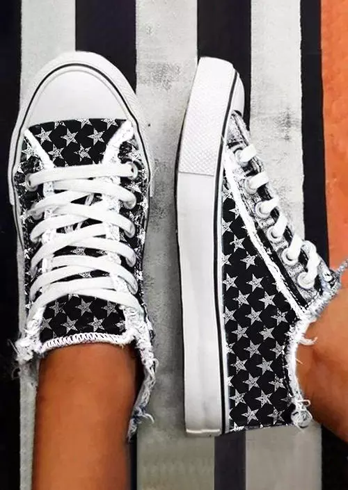 American Flag Lace Up Round Toe Flat Sneakers - Black 4 American Flag Lace Up Round Toe Flat Sneakers - Black - Image 2