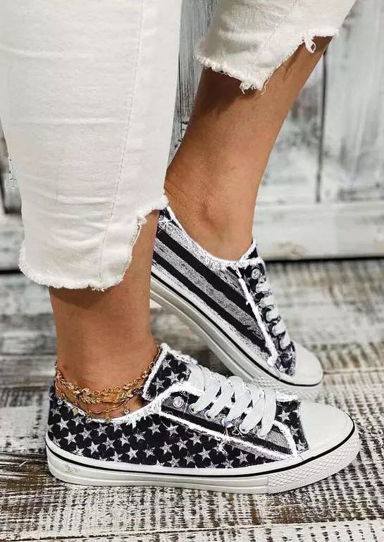 American Flag Lace Up Round Toe Flat Sneakers - Black 5 American Flag Lace Up Round Toe Flat Sneakers - Black - Image 3