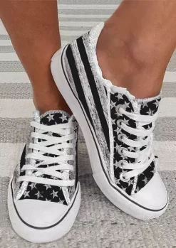 American Flag Lace Up Round Toe Flat Sneakers - Black