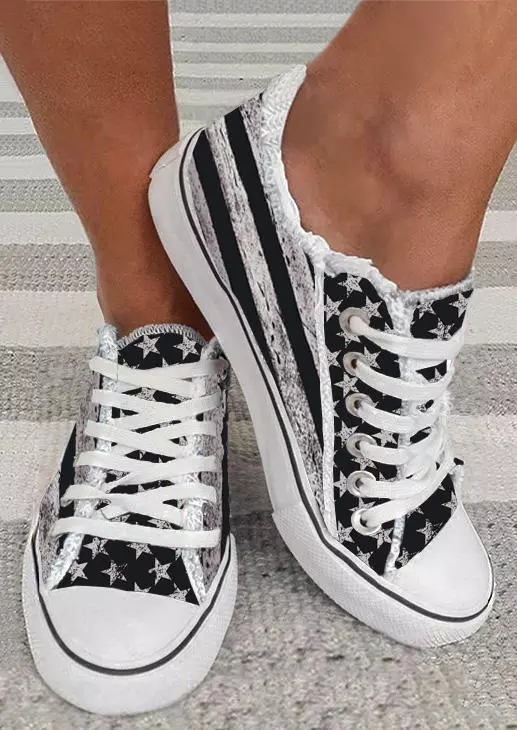 American Flag Lace Up Round Toe Flat Sneakers - Black 3 American Flag Lace Up Round Toe Flat Sneakers - Black