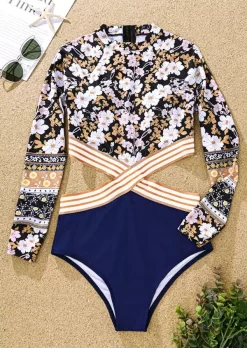 Floral Striped Zipper Hollow Out One-Piece Surfing Swimsuit 8 Floral Striped Zipper Hollow Out One-Piece Surfing Swimsuit -Garment Sale Store SCM012337 1 11382275322791 124
