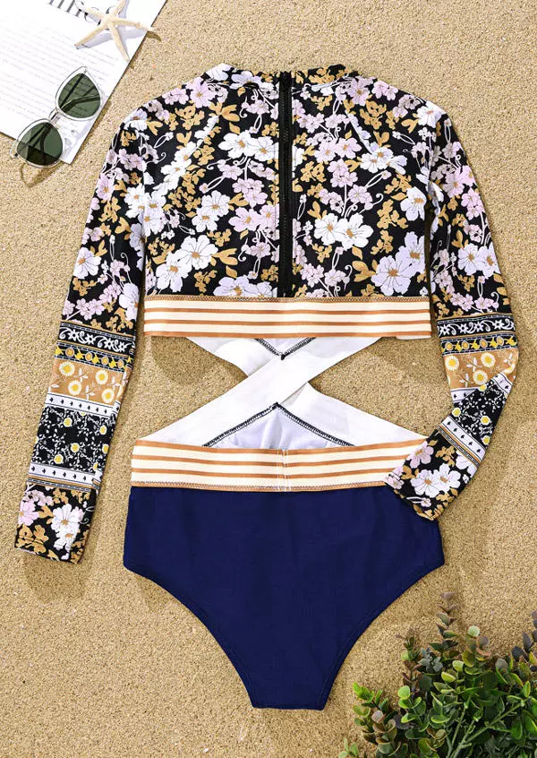 Floral Striped Zipper Hollow Out One-Piece Surfing Swimsuit 6 Floral Striped Zipper Hollow Out One-Piece Surfing Swimsuit - Image 4