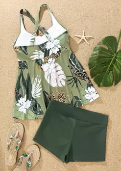 Floral Leaf Leopard Criss-Cross Tankini Set - Green -Garment Sale Store SCM012339 1 11322506224265 124
