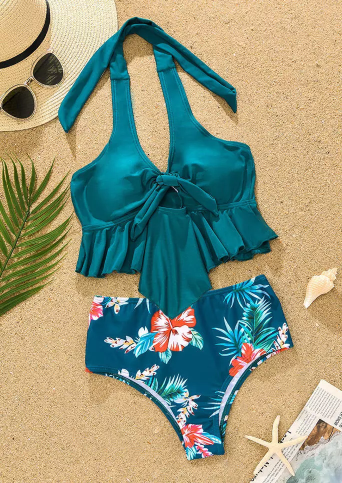 Floral Ruffled Hollow Out Halter Tankini Set - Green 5 Floral Ruffled Hollow Out Halter Tankini Set - Green - Image 3