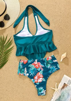 Floral Ruffled Hollow Out Halter Tankini Set - Green 9 Floral Ruffled Hollow Out Halter Tankini Set - Green -Garment Sale Store SCM012341 1 21470512312647 124