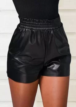 Ruffled Pocket PU Leather Shorts - Black