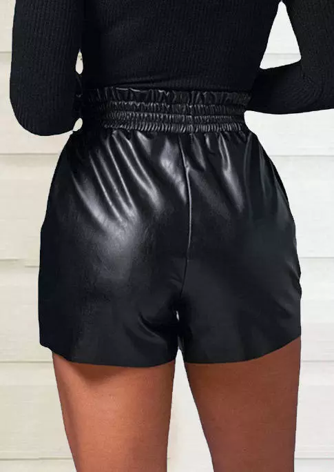 Ruffled Pocket PU Leather Shorts - Black 4 Ruffled Pocket PU Leather Shorts - Black - Image 2