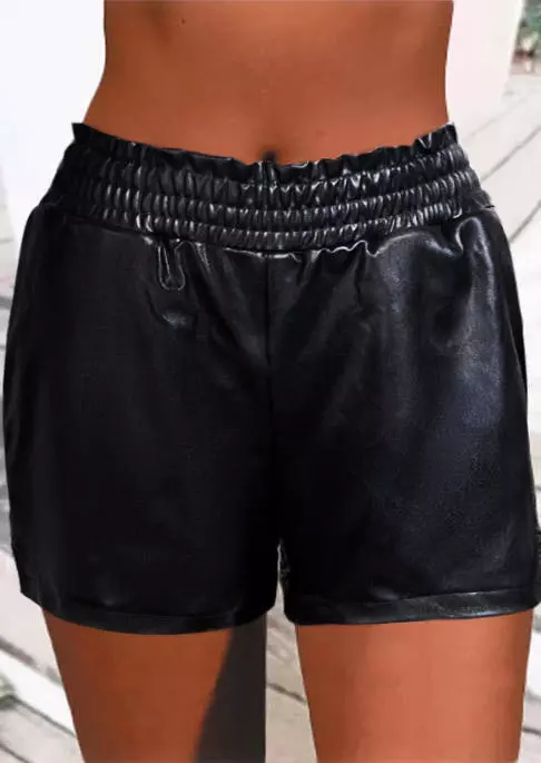 Ruffled Pocket PU Leather Shorts - Black 5 Ruffled Pocket PU Leather Shorts - Black - Image 3
